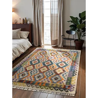 Hanse Home Afghan Kelim Teppich Oasis - Bunter Traditioneller Teppich Handgewebt, Wolle & Baumwolle - Afghanischer Stil Oriental mit Fransen für Wohnzimmer, Schlafzimmer - Creme Multi, 120x170 cm
