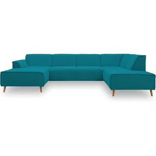 DOMO. collection Wohnlandschaft Jules FK, skandinavisches Sofa mit Federkern, Couch in U-Form mit Holzfüßen, 333 x 191 x 81 cm (BxTxH), Longchair links, türkis