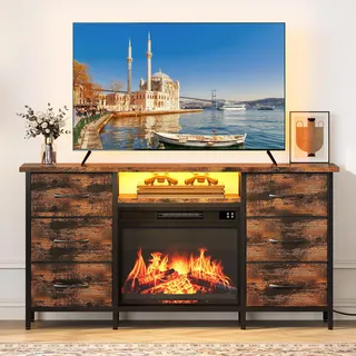 YITAHOME Elektrokamin mit Heizung, TV Schrank mit Kamin, Lowboard mit Elektrokamin 6 Schubladen, Kamin Elektrisch mit LED 3D-Flammeneffekt, Multifunktionaler Schubladenschrank mit LED-Streifen