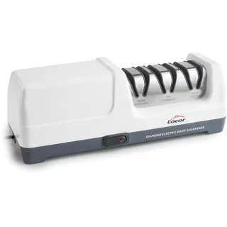 Lacor - 69432 - Drei Messerschärfer, elektrisch 18 W, 3 Stufen, mit Diamantscheiben, Für Stahl- und Keramikmesser, rutschfester und magnetischer Fuß, 2800 U-min, Maße 26,5x10,7 cm