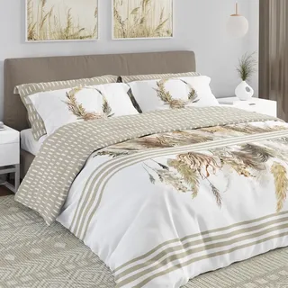 Bettwäsche 160x200 cm + 2x 70x80 cm 100% Baumwollsatin Bettgarnitur Bettbezug (Boho 003) - Weiß, Beige