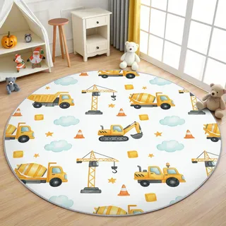 AevuCub Baustelle Kinder Teppich Rund 150cm Kinderzimmer - Waschbare Teppiche Wohnzimmer Jungen Bagger LKW Fahrzeuge - Runder Teppich 150 Durchmesser - Bettvorleger Schlafzimmer rutschfest Weich