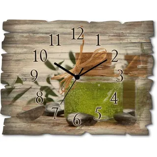 ARTland Holz Wanduhr Quarzuhr - schwarzer Zeiger Grünes Badesalz und flüssige Seife Größe: 40x30 cm - Weiß