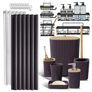 Dusch-Caddy und Badezimmer-Zubehör-Set, 25-teiliges Badezimmer-Zubehör-Set mit Duschablage für die Aufbewahrung im Badezimmer, Violettes Duschvorhang-Set, WC-Bürste, Mülleimer, Seifenspender,