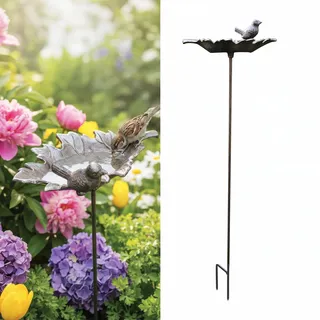Relaxdays Vogeltränke, HxBxT: 93 x 22,5 x 14 cm, Gusseisen, stehend, Futter- & Wasserschale für Vögel, Blattform, braun