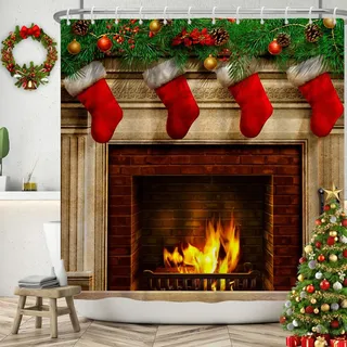 SDOTPMT 122x183cm Weihnachten Kamin Duschvorhang Frohe Weihnachten Geschenke Rot Socken Kiefer Blatt Badevorhang Jahrgang Backstein Winter Badewannenvorhang für Badezimmer Polyester mit Haken