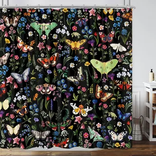 Boho-Duschvorhang mit Schmetterlings-Motiv, helle abstrakte böhmische Pflanze, Blume, botanische Motte, Duschvorhänge, schwarz, modern, ästhetisch, schick, Stoff, Duschvorhang, Badezimmer-Zubehör, 12