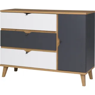 RAVIO Kommode Aster K1D3SZ Sideboard für Jugendzimmer Metallgriffe Breite 120 cm (Goldene Eiche / Graphit + Weiß) - Braun, Weiß, Grau