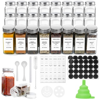 GRKJGytech Gewürzgläser Set 24er 120ml Glas Gewürzdosen mit Schraubkappe Gewürzetiketten Streueinsatz Trichter, Bürste Spice jars set für Küche