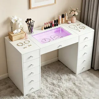 VANITII Schminktisch mit Glasplatte und RGB-Beleuchtung, Schlafzimmer-Schminktisch, 130 × 55 × 81 cm, Weiß - Weiß