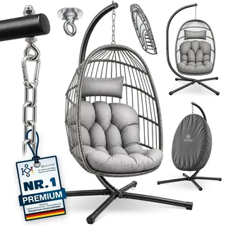 KESSER® Hängesessel Jungle mit Gestell Stahl Hängekorb Sessel Großen Kissen + Decken Halterung + Cover Hängeschaukel Hängesitz Indoor - Outdoor Schaukel Hängestuhl für Kinder und Erwachsene, Grau
