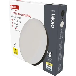 EMOS LED-Wand-/Deckenleuchte DIONI - CCT einstellbar 3 000/4 000/5 700 K - 2160 lm - 18 W (statt 130W Glühbirne) - 30 000 Std. - Abstrahlwinkel 110° - für Innen und Außen - rund, Ø 36 cm - schwarz