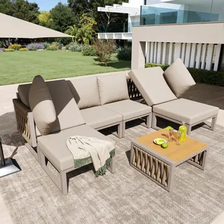 Merax Gartenmöbel Set 6 Personen, Verstellbare Loungesessel mit Doppelliege & Tisch, Polyrattan Gartenlounge mit Hochwertigen Kissen, Beige - Beige