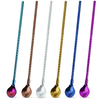 CRITIVE-SHOP 6PCS Trinkhalme Edelstahl Löffelstrohhalme, Strohhalm mit Löffel 9 Zoll Eistee Eislöffel, Strohhalm Löffel Kaffeelöffel Cocktail Rührlöffel Wiederverwendbare für Kaltes Getränk