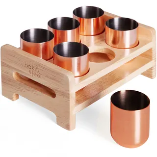 Oak & Steel - 6 Roségold Schnapsgläser aus Edelstahl mit Schnapsbrett aus Holz (50ml) - Kupfer Unzerbrechliche Shotgläser - Geschenkset für Weihnachten