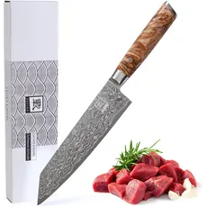 zayiko Kinone Premium Chefmesser Kiritsuke, 20 cm Klinge aus 67 Lagen echtem Damaststahl, ergonomischer Griff aus Birkenwurzelholz, ideal für Profiköche und Hobbyköche, inklusive Geschenkbox