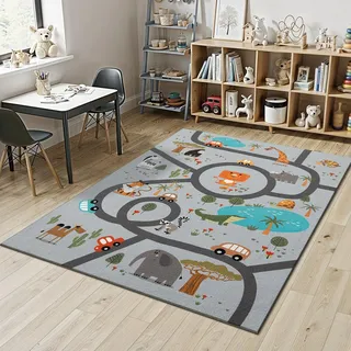 Mia ́s Teppiche Joy Kids - Kinderzimmer, Kinderteppich, Spielteppich, Straßenteppich, Dschungel, Straße, Tiere, Grau, 160 x 220 cm