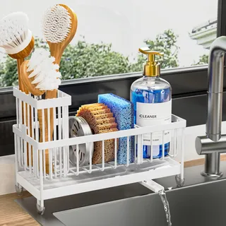Cisily Schwammhalter für Küchenspüle, Spülbecken-Caddy mit hohem Bürstenhalter, Organizer, rostfrei, 304 Edelstahl, Geschirr-Organizer, Trennwand, Seifenspender, Aufbewahrung (weiß)