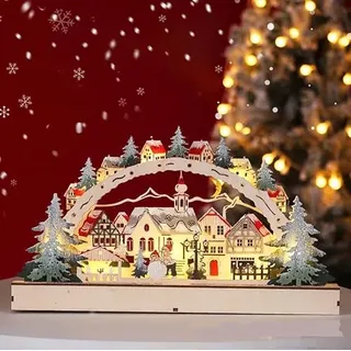 Akxlax Weihnachtsdorf mit Beleuchtung und Timer, Lichterbogen Weihnachtsdeko Holz, Schwibbogen Weihnachten Weihnachtshaus Beleuchtet Weihnachtsstadt Weihnachtshäuser (A:Keine Timer Beleuchtung)