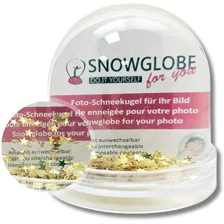 Foto-Schneekugel groß | Inhalt Gold Sterne Glitzersterne | mit 2 x Bild | Sockel transparent | B: 9 cm H: 8 cm | Foto-Geschenk Goldstern Bilderrahmen | 2 Malvorlagen | 50012