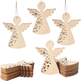 HERZONE 50pcs Holz Engel Anhänger Weihnachten 6cm Schutzengel Glücksbringer Weihnachtsdekoration (Vintage-B)