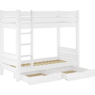 Kiefer-Stockbett massiv weiß 90x200 Etagenbett teilbar Hochbett Zubehör wählbar V-60.16-09WT80Rollrost und Doppelbettkasten inkl. - Weiß