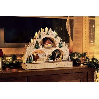 Weihnachtlicher Schwibbogen Pyramide mit LED Kerzen und Timerfunktion, Weihnachtsdekoration, Holzdesign mit Winterszene, Beleuchteter Lichterbogen