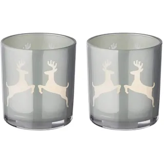 EDZARD 2er Set Teelichtglas Loki (Höhe 8 cm, Durchmesser 7,5 cm) grau/Gold, Windlicht mit Hirsch-Motiv