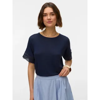 Kurzarmshirt VERO MODA "VMGINA SS LACE TOP JRS", Damen, Gr. M, blau (navy blazer), Jersey, Obermaterial: 51% Viskose, 37% Polyester, 8% Leinen, 4% Elasthan, unifarben, normal, Rundhals, Shirts Kurzarmshirt, Viskosemischung