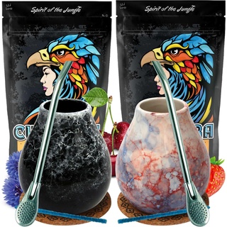 Yerba Mate-Tee Curupira Set | Brasilian Mate Tee Curupira mit Papaya, Erdbeere und Frucht 1000g | Keramik Mate-Tee Tasse Caleidoscope becher Marmol 350ml | Stahl Trinkhalm Bombilla 19cm