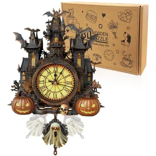 Cutywood 3D Holzpuzzle Erwachsene, Halloween Hütte Uhr 3D Puzzles Mit Funktionaler Uhr (28,1cm*42,3cm), Schreibtisch/Wand Wohndeko, Geschenke für Freunde/Familien Spieleabend