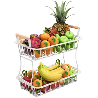 Relaxdays Obstkorb , Weiß , Metall, Holz , 34 cm , Geschirr, Schalen & Schüsseln, Obstschalen