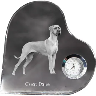 Deutsche Dogge, Ulmer Dogge, Große Dogge - Kristalluhr mit einem Hundebild, Herzregal-Uhr, personalisierte Standuhr der Marke Art-Dog - Transparent