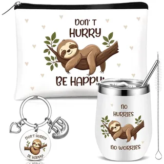 Hestya 3 PCS Faultier Geschenkset 350 ml Edelstahlbecher mit Deckel und Strohhalm Faultier Kosmetiktaschen Schlüsselanhänger für Faultierliebhaberinnen Weihnachts Geburtstagsund Geschenk