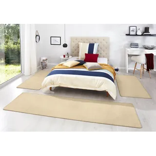 Hanse Home Teppich Bettumrandung Fancy 3-teilig – Bettvorleger Velours Teppichläufer Kurzflor Einfarbig Läufer-Set für Kinderzimmer Schlafzimmer, Beige 2X 67x140 cm 1x 67x250cm