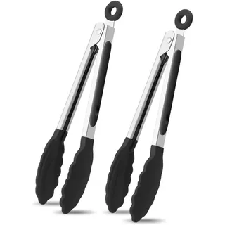 2PCS Grillzange Edelstahl 26CM Küchenzange, Zange Küche mit Arretierung, Kochzange mit Hitzebeständigem Silikongriff und Silikonspitze für Den Grill und Die Küche