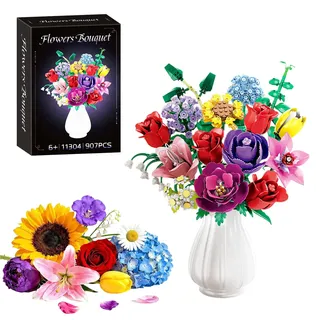 Klemmbausteine Blumenstrauß Baukasten Set, Botanisches Baustein-Set mit Rosen und Sonnenblume, Künstliche Pflanzen für Wohn- und Büro-Deko, Geschenkidee zum Valentinstag, Geburtstag und Muttertag