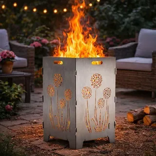 TiKo-Design Feuerkorb mit Pusteblumen-Motiv, 4- fach Laserung, Zerlegbar, Gartendekoration, Feuerkorb & Sitzgelegenheit in einem