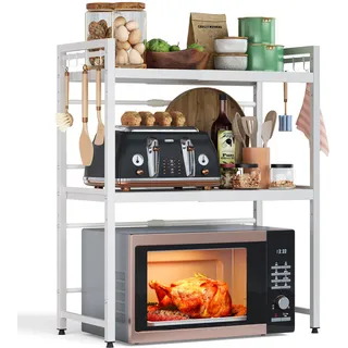 NETEL Erweiterbares Mikrowellen Regal,Regal über Mikrowelle,Mikrowellenständer für Arbeitsplatte,küchenregal Stehend für Backofen/Kaffeemaschine,Stabile Microwave Stand mit 8 Haken,3 Stufig,Weiß