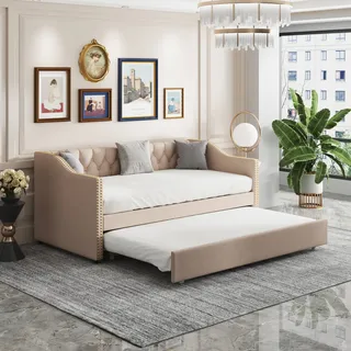 Schlafsofa, 90x200cm, Einzelsofa mit Bettfunktion, Ausziehbett inkl. Lattenrost, Bezug aus Leinen, Einzelbett, Jugendbett - Beige