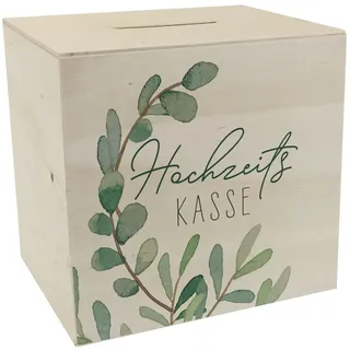 Hochzeitskasse Eukalyptus Spardose aus Holz Liebes Brautpaar Hochzeitsgeschenk Flitterwochen-Fundus Deko Heirat heiraten Spaß Boho-Motiv