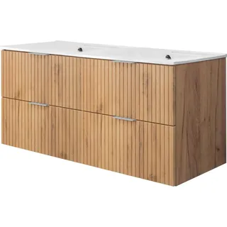 Waschtischunterschrank, Mattweiß, 120 (2 x 60) x 57 x 46 cm, silberner Griff, ohne Arbeitsplatte - Weiß, Silber