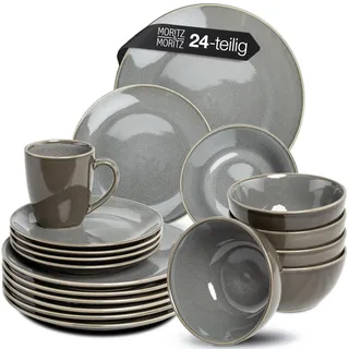 Moritz & Moritz Steingut Geschirrset 6 Personen Grau - 24-tlg. - Serie Sense - Steingut Geschirr Set - Kratz-, Mikrowellen- & Spülmaschinenfest, Essgeschirr, Tafelservice, Kombiservice 6 Personen