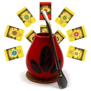 Yerba mate-tee Mate Green Kalebassen keramik becher Set | Yerba mate tee aus Brasilian 500g | Keramik tee tassen Hoja Rot mate-tee becher 350ml | Edelstahl trinkhalm bombilla 19cm und korkpad