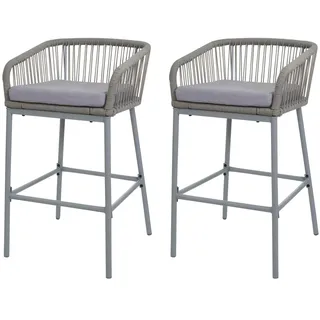 Mendler 2er-Set Rope-Barhocker HWC-O22, Tresenhocker, Outdoor Sitzpolster Seilgeflecht Metall ~ hellgrau, Kissen hellgrau