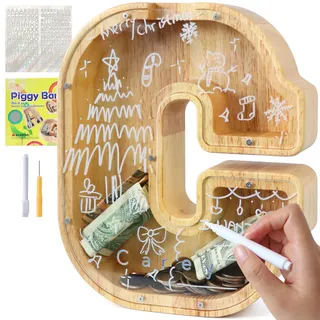 Lakpopya Spardose für Kinder Jungen Mädchen - Personalisiert Durchsichtig mit Buchstabe Holz A-Z, Zielbereich, Aufkleber & Marker - Taufe Geschenk Dekoration (C)