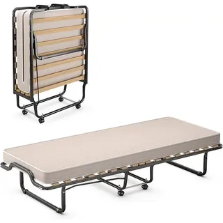 Gästebett klappbar 90x200 cm, Klappbett Erwachsene mit Matratze aus Rückstellschaum, Einzelbett mit 4 Rollen & Stabiler Metallrahmen, Reisebett für Camping & Gästezimmer (Beige) - Beige