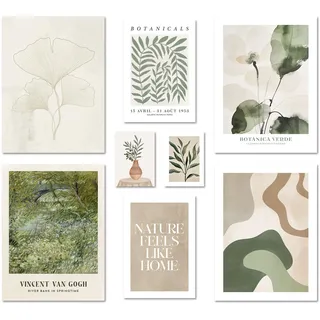 ARTFAVES® Poster Set - BOTANICA VERDE - mehrteilige Wanddeko Wohnzimmer & Schlafzimmer - 8 moderne Wandbilder natur, beige, grün, abstrakt, pflanzen, botanik, van gogh - ohne Bilderrahmen