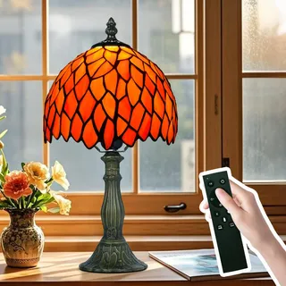Ppbmocw Tiffany-Tischlampe, Metallsockel, E27-Glühbirne Mit Fernbedienung, 8 Zoll Retro Stained Glass Lamp Für Wohnzimmern,Lesezimmern,Schlafzimmern Und Arbeitszimmern Verwendet (F Orange)
