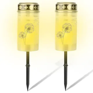 VEGOATY 2 Solar Grabkerze LED Wetterfest Mit 4 Aufkleber: Wasserdichte Flammenlose Grabkerzen-Gedenkkerze, Weiße Flackernde LED Grablichter Für Draußen Grabschmuck Wetterfest Mit Erdspieß (Löwenzahn)
